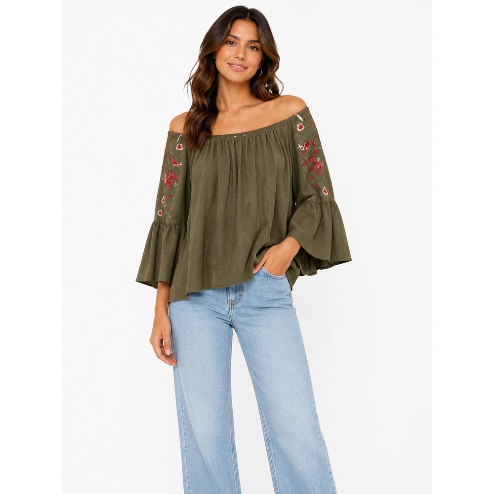 Umgee Boho Olive Green Embroidered Lace Bell Sleeve Top Medium